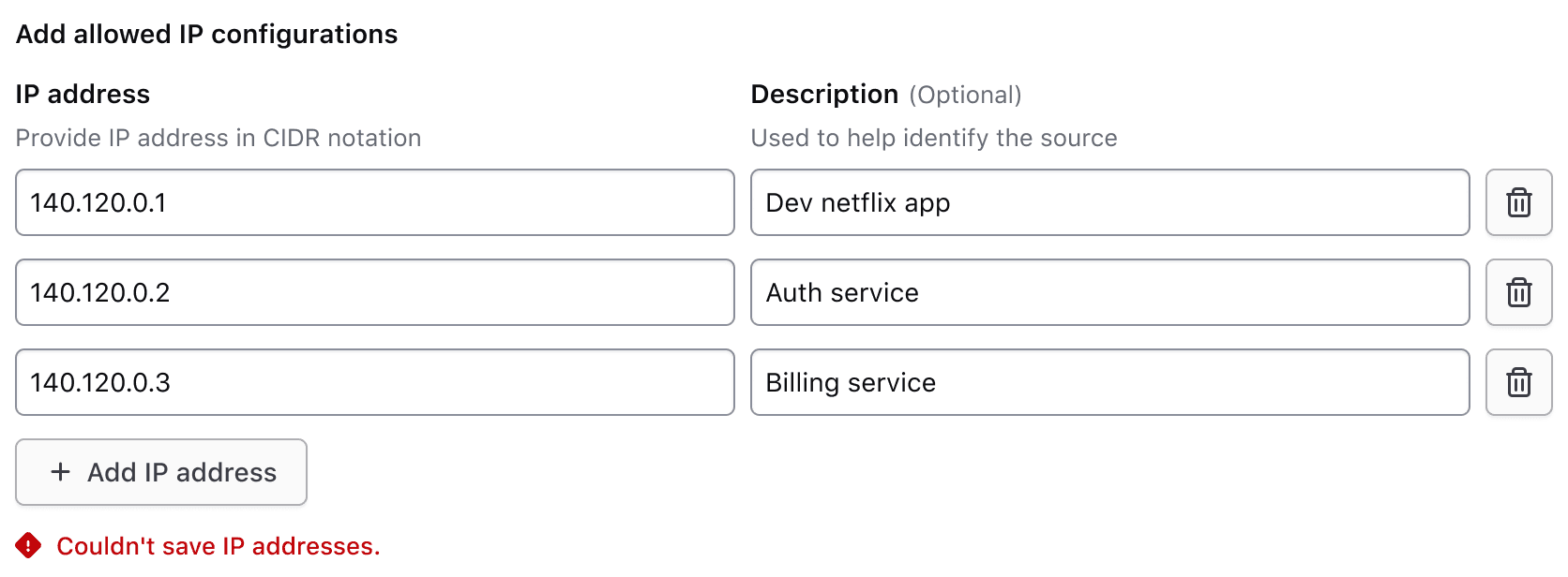 Below the legend and helper text is a compact critical alert showing a fieldset error that the user has reached the maximum number of rows.